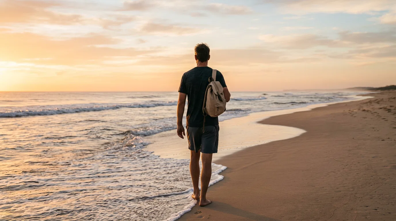 Anonymous man walking along Australian beach at sunrise for pelvic wellness routine